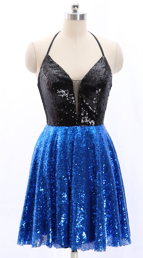 MACloth Halter V Neck Sequin Mini Prom Homecoming Dress Party Dress