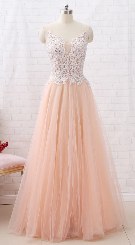 MACloth Straps V Neck Lace Tulle Blush Pink Prom Dress Formal Evening Gown