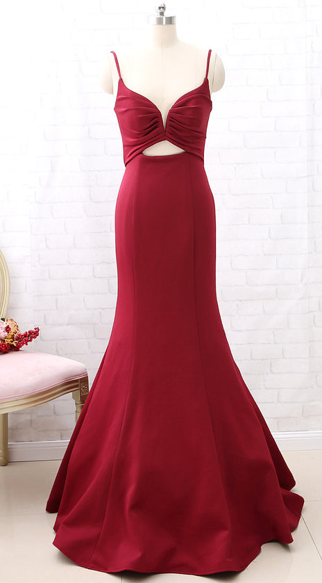 MACloth Straps V Neck Mermaid Burgundy Long Prom Dress Cut Out Formal Evening Gown