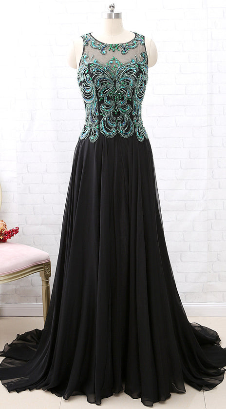 MACloth Straps Green Beaded Black Chiffon Long Prom Dress Formal Evening Gown