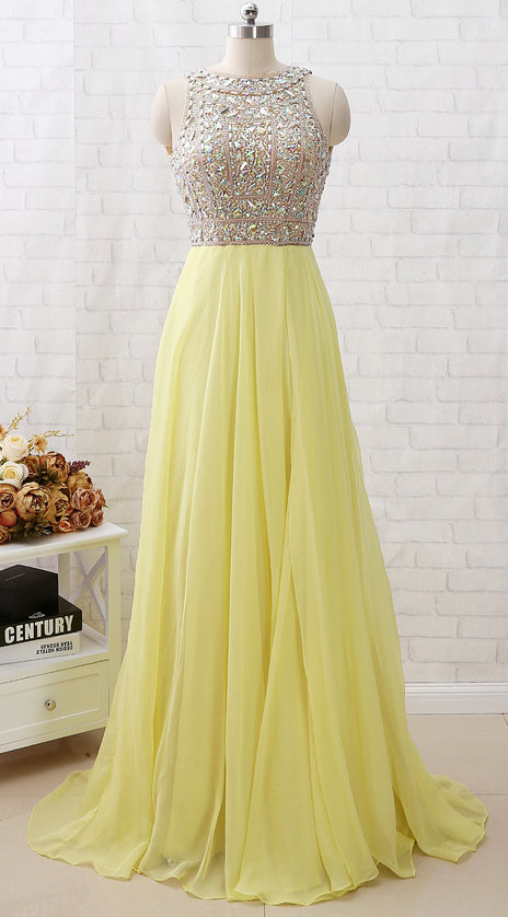 MACloth Straps Crystals Beaded Long Chiffon Prom Dress Yellow Formal Evening Gown