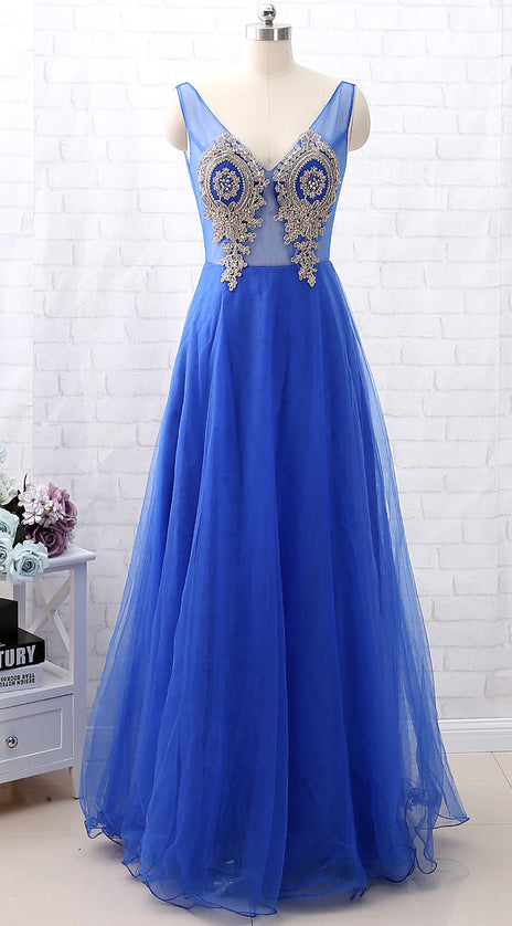 MACloth Straps V Neck Gold Lace Tulle Long Prom Dress Formal Evening Gown