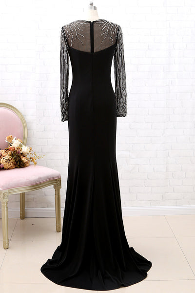 MACloth Long Sleeves Crystals Sheath Black Formal Evening Gown Maxi Pageant Prom Dress