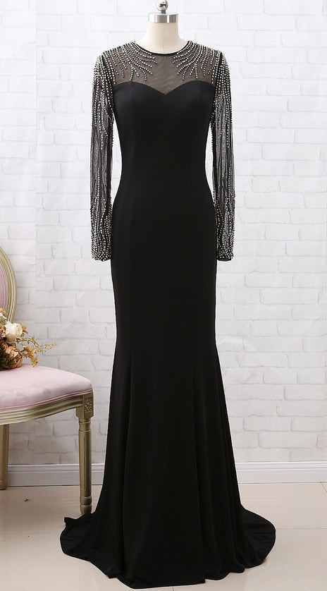 MACloth Long Sleeves Crystals Sheath Black Formal Evening Gown Maxi Pageant Prom Dress