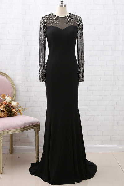 MACloth Long Sleeves Crystals Sheath Black Formal Evening Gown Maxi Pageant Prom Dress