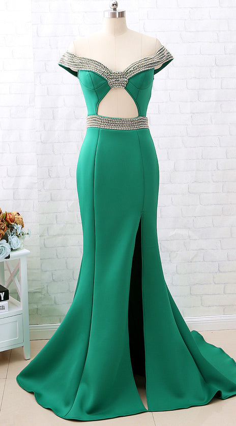 MACloth Mermaid Off the shoulder Green Prom Dress Sexy Formal Evening Gown