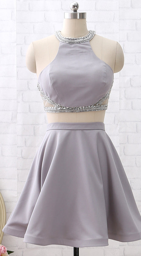 MACloth Two Piece Short Silver Mini Prom Homecoming Dress Wedding Party Dress