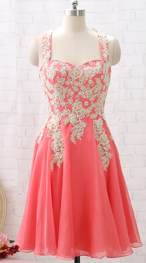 MACloth Straps Lace Chiffon Coral Short Prom Homecoming Dress Wedding Party Dress