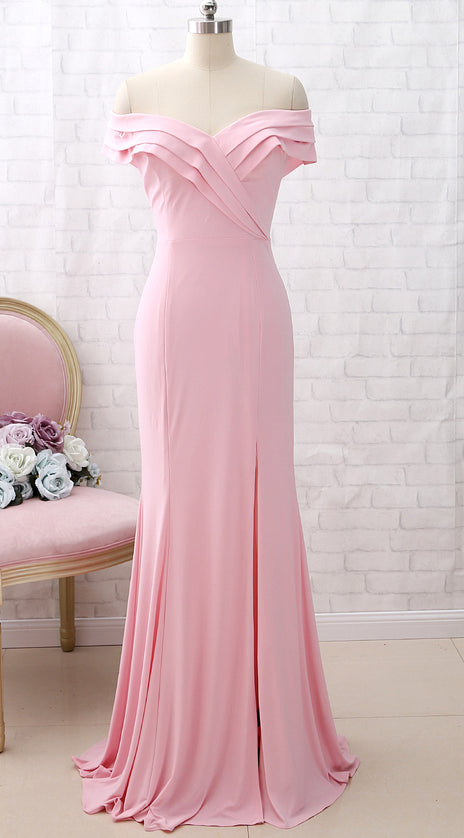 MACloth Off the Shoulder Jersey Pink Prom Dress Mermaid Formal Evening Gown with Slit