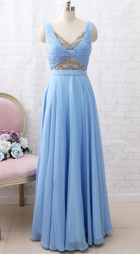 MACloth Straps V Neck Beaded Long Prom Dress Chiffon Formal Evening Gown