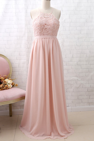 MACloth Halter Lace Chiffon Long Dusty Pink Bridesmaid Dress Simple Formal Evening Gown