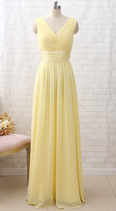 MACloth Straps V neck Chiffon Long Bridesmaid Dress Yellow Formal Party Dress