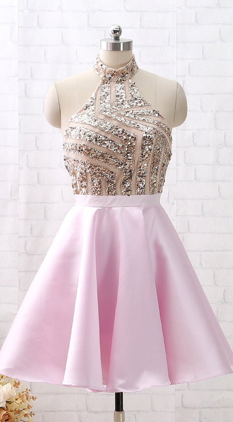 MACloth Halter Sequin Beaded Short Prom Homecoming Dress Pink Cocktail Party Dress