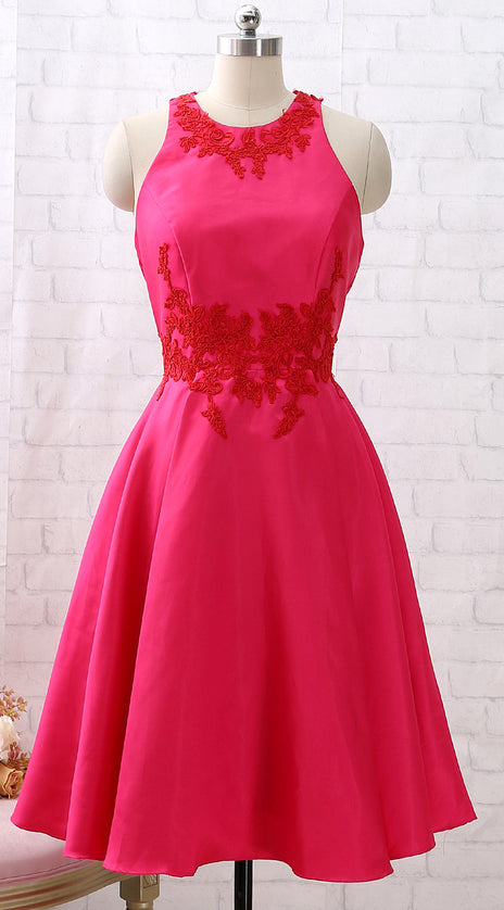 MACloth Straps O Neck Tea Length Hot Pink Cocktail Dress Short Prom Homecoming Dress