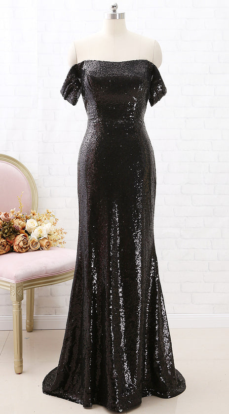 MACloth Off the Shoulder Mermaid Long Sequin Prom Dress Black Formal Evening Gown