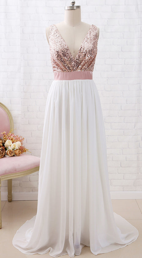 MACloth Straps V Neck Sequin Chiffon Long Prom Dress Rose Gold Formal Evening Gown