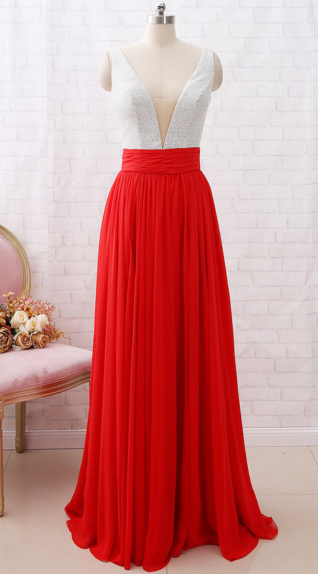 MACloth Straps V neck Red Long Prom Dress Chiffon Formal Evening Gown