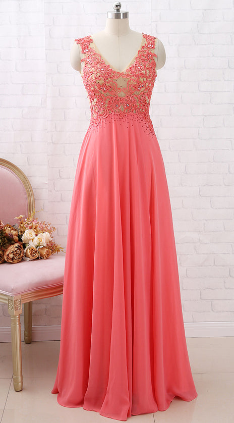 MACloth V Neck Chiffon Lace Coral Long Prom Dress Vintage Formal Evening Gown