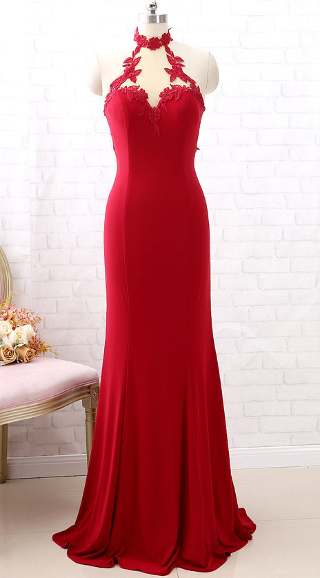 MACloth High Neck Mermaid Burgundy Long Prom Dress Jersey Formal Evening Gown