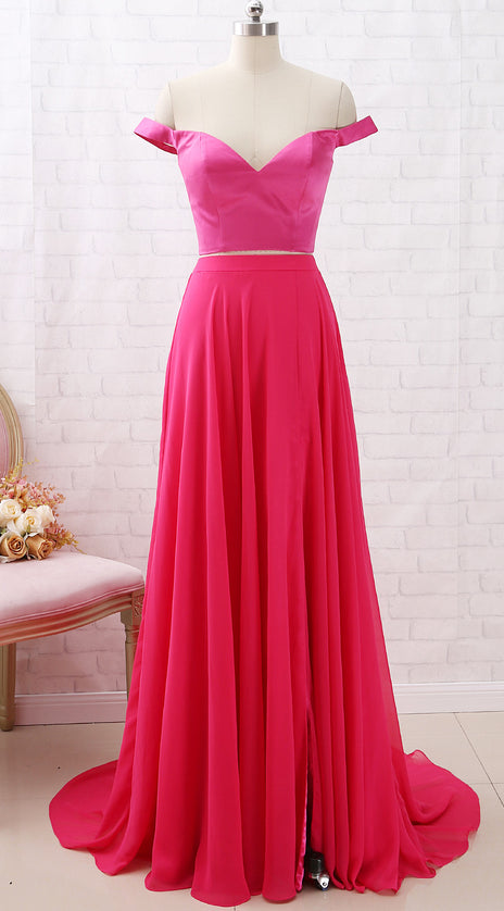 MACloth Off the Shoulder Two Piece Hot Pink Prom Dress Chiffon Formal Dress