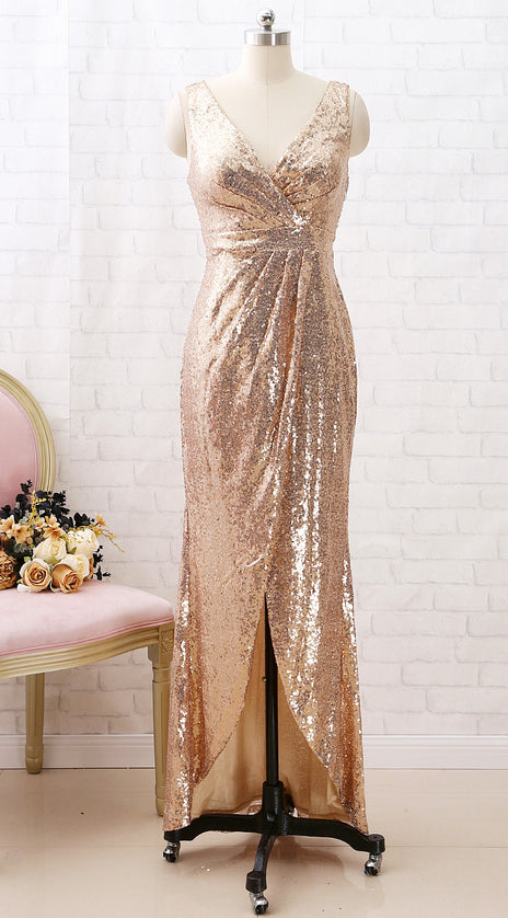 MACloth Straps V Neck High Low Sequin Bridesmaid Dress Simple Formal Evening Gown