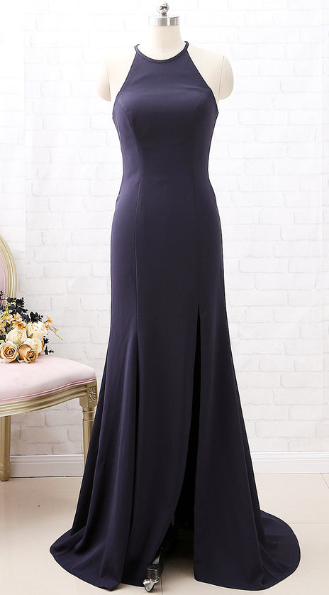 MACloth Halter O Neck Dark Navy Formal Evening Gown with Slit Simple Prom Dress