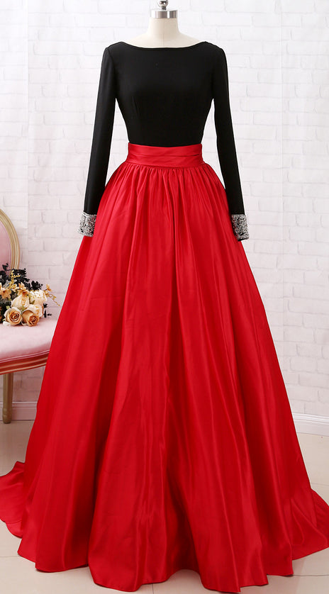 MACloth Long Sleeves Beaded Black Red Ball Gown Prom Dress Formal Evening Gown