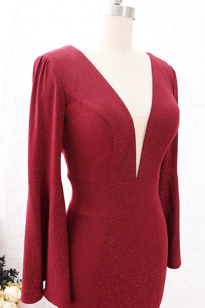 MACloth Mermaid Long Sleeves V neck Burgundy Formal Evening Gown