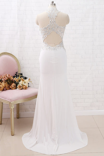 MACloth Mermaid Halter High Neck Lace Jersey Long Prom Dress Ivory Formal Evening Gown