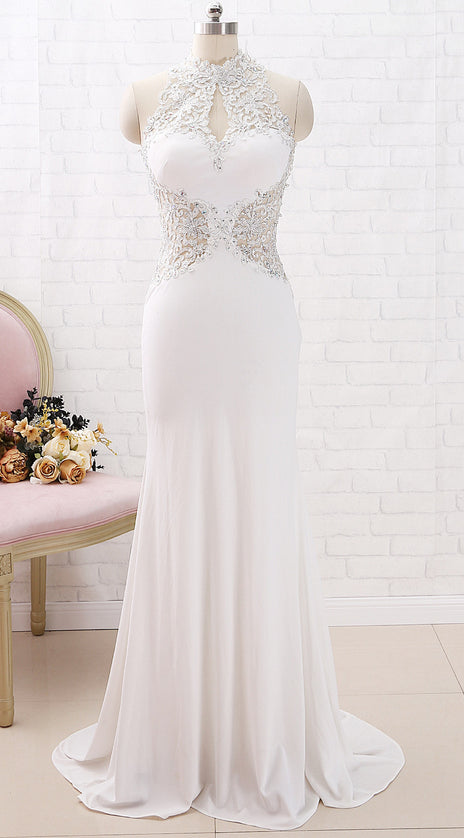 MACloth Mermaid Halter High Neck Lace Jersey Long Prom Dress Ivory Formal Evening Gown