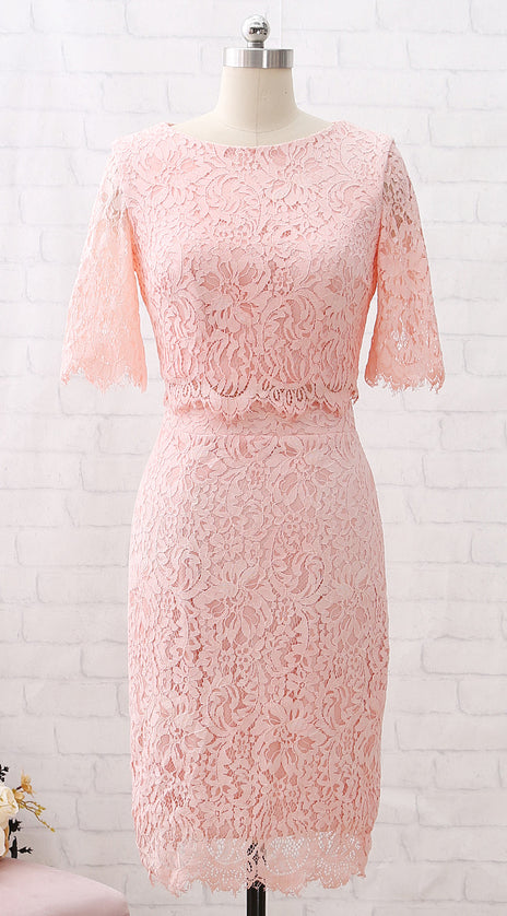 MACloth Short Sleeves Lace Peach Cocktail Dress Knee Length Wedding Party Dress