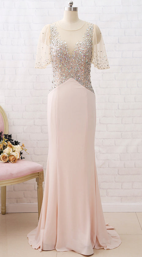 MACloth Short Sleeves with Crystals Sheath Long Prom Dress Jersey Formal Evening Gown