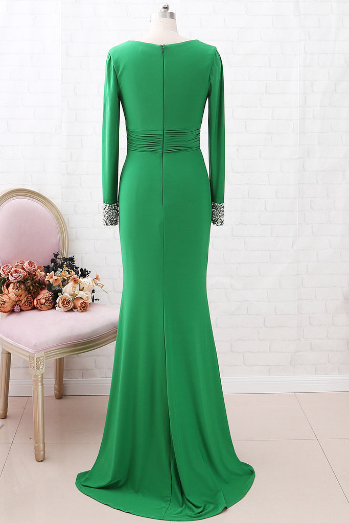 MACloth Women Elegant Long V Neck Mother of Bride Dresses Evening Gown Sleeves Dark Green / Custom Size