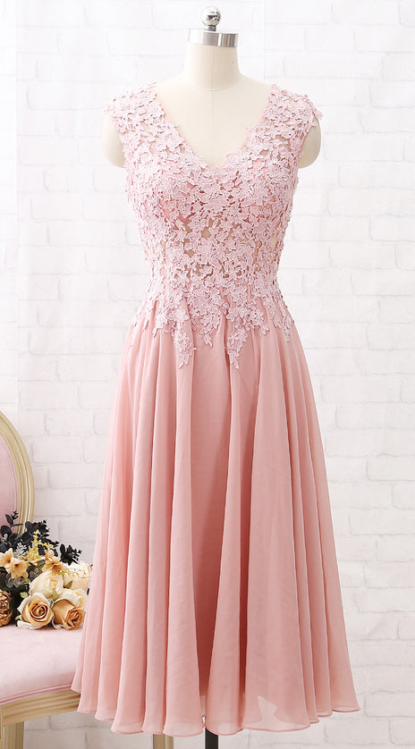 MACloth V Neck Lace Illusion Midi Prom Homecoming Dress Dusty Pink Formal Party Dress