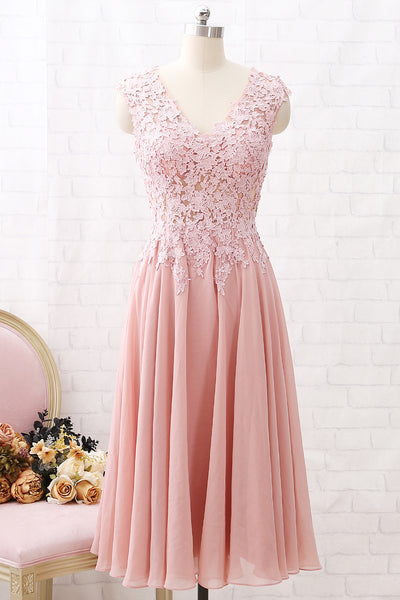 MACloth V Neck Lace Illusion Midi Prom Homecoming Dress Dusty Pink Formal Party Dress