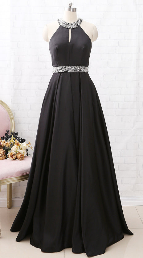 MACloth Halter O Neck with Beaded Long Prom Dress Black Formal Evening Gown
