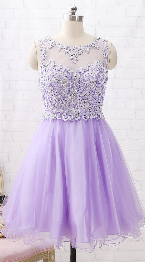 MACloth Straps O Neck Lace Tulle Mini Prom Homecoming Dress Lavender Party Formal Dress