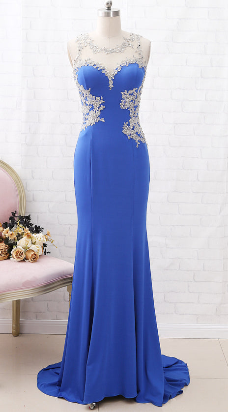 MACloth Mermaid Illusion Lace Jersey Long Prom Dress Royal Blue Formal Evening Gown