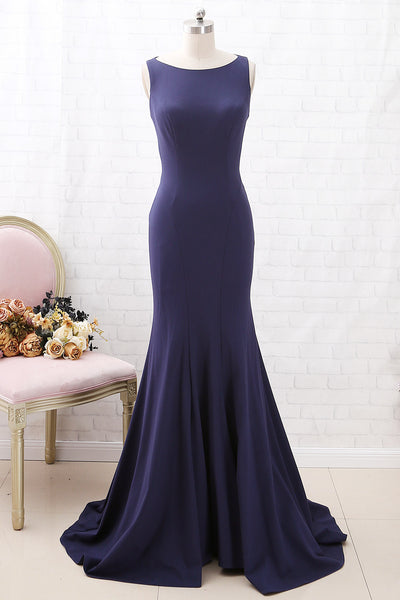 MACloth Mermaid O Neck Dark Navy Formal Evening Gown with Cut out Back