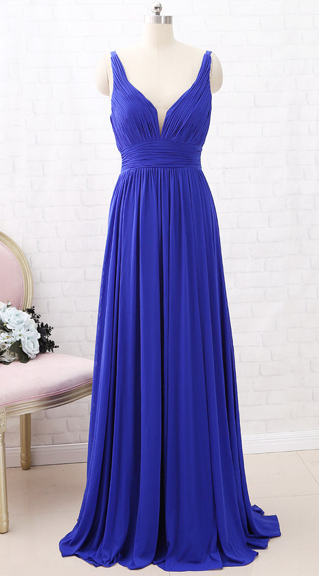 MACloth Straps Deep V neck Jersey Maxi Prom Dress Royal Blue Formal Evening Gown
