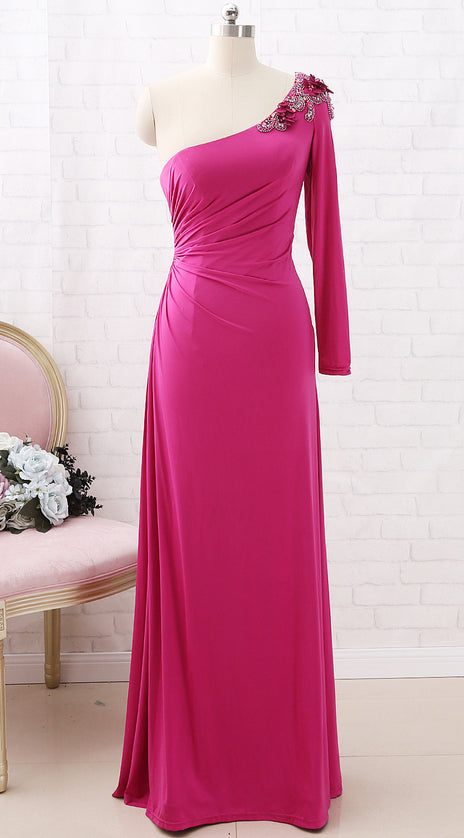 MACloth One Shoulder Long Sleeves Jersey Maxi Prom Dress Fuchsia Formal Evening Gown