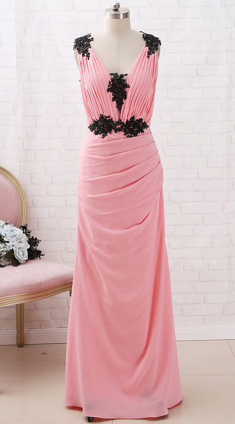 MACloth Straps V Neck with Lace Chiffon Maxi Prom Dress Blush Formal Evening Gown