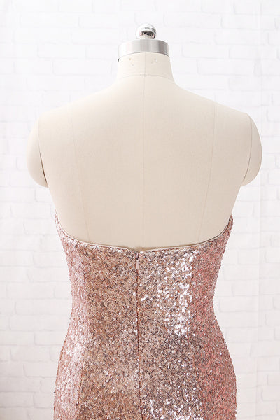 MACloth Mermaid Strapless Sequin Maxi Prom Dress Rose Gold Formal Evening Gown