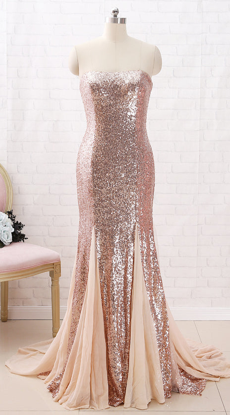 MACloth Mermaid Strapless Sequin Maxi Prom Dress Rose Gold Formal Evening Gown