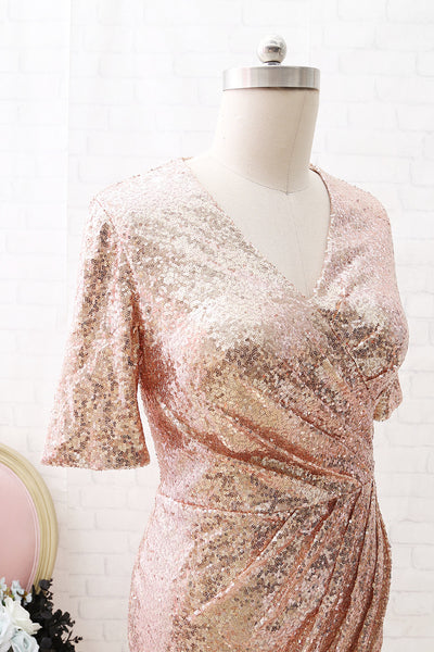 MACloth Short Sleeves V Neck Sequin Short Formal Party Dress Rose Gold Cocktail Dress