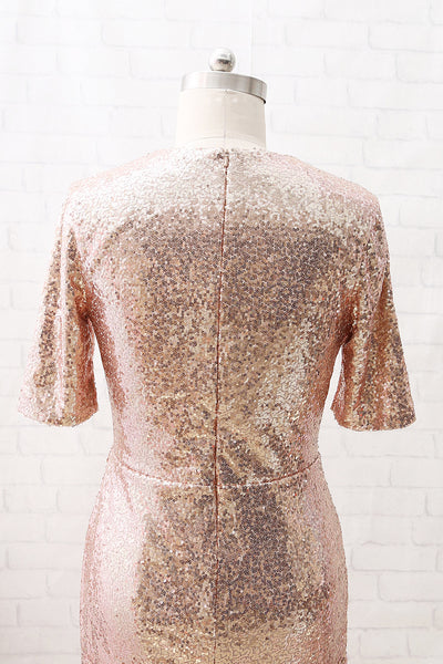 MACloth Short Sleeves V Neck Sequin Short Formal Party Dress Rose Gold Cocktail Dress