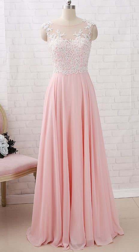 MACloth Straps O Neck Lace Chiffon Pink Long Prom Dress Simple Formal Evening Gown