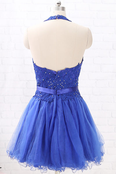 MACloth Halter V Neck Lace Tulle Mini Prom Homecoming Dress Royal Blue Wedding Party Dress