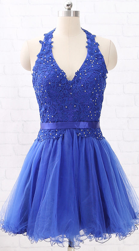 MACloth Halter V Neck Lace Tulle Mini Prom Homecoming Dress Royal Blue Wedding Party Dress