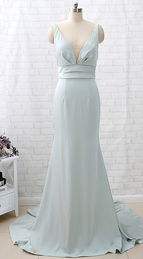 MACloth Mermaid Straps V Neck Crepe Pastel Green Formal Evening Gown Bridesmaid Dress